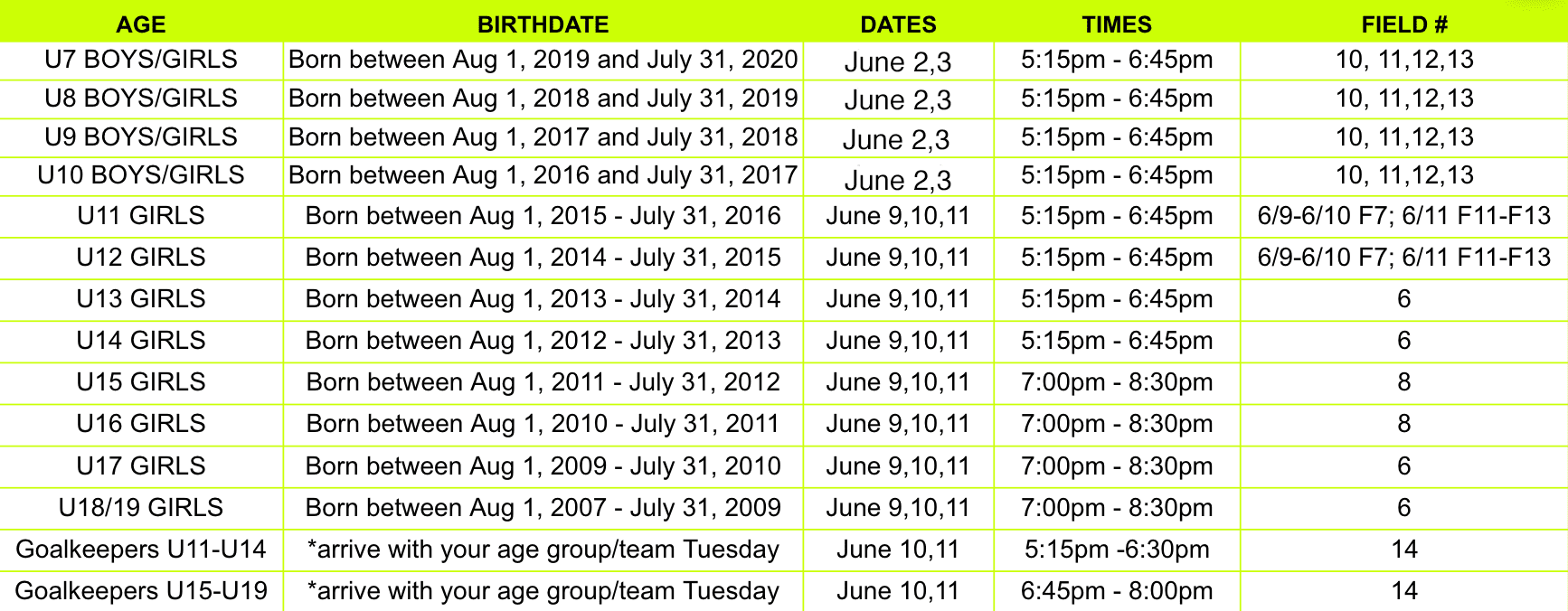Girls Tryout Times