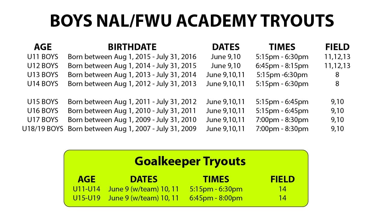 Tryouts Flyer Dates and Times 2026