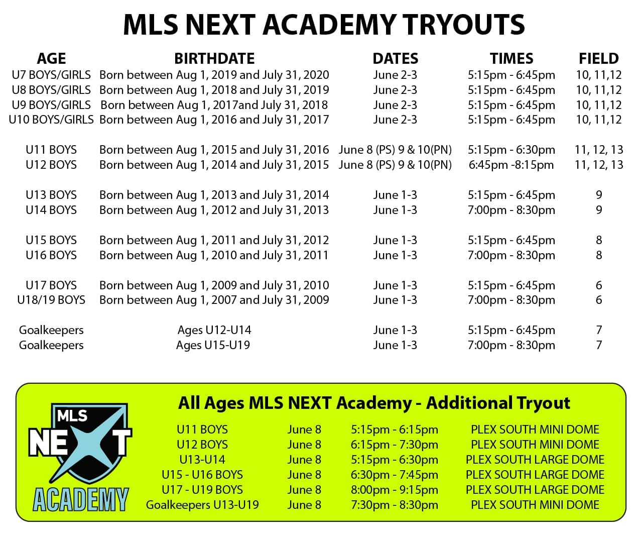 Tryouts Flyer Dates and Times 2026